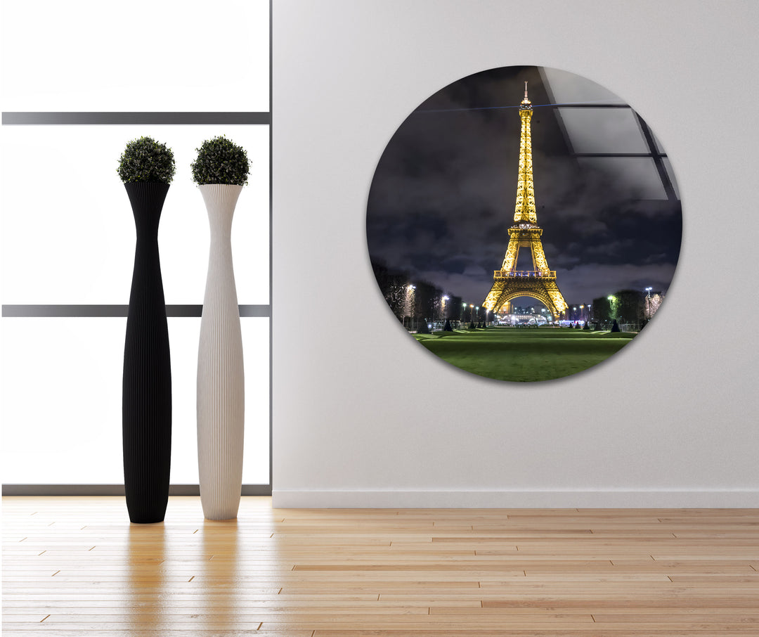 Eiffel Tower: Iconic Landmark Illuminated at Night on Glass Wall Art
