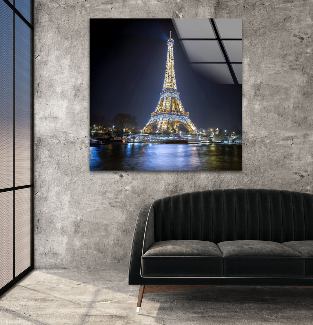 Eiffel Tower: Iconic Paris Monument Lit Up at Night on Glass Wall Art
