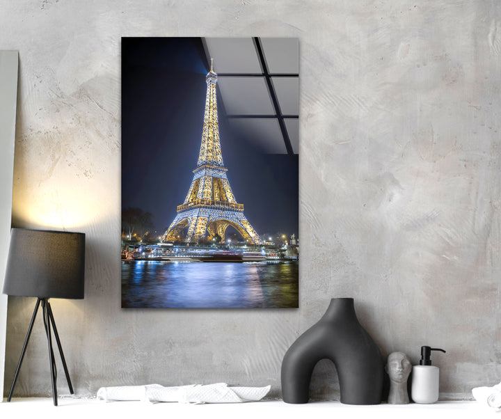 Eiffel Tower: Iconic Landmark at Night on Glass Wall Art
