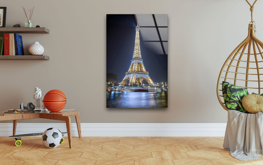 Eiffel Tower: Beautifully Lit at Night on Glass Wall Art
