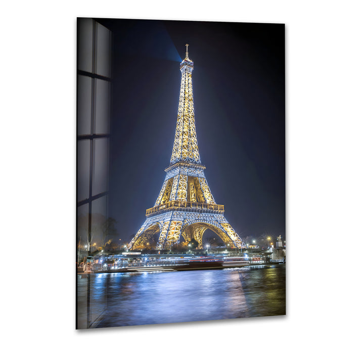 Eiffel Tower at Night: Glowing Landmark on Glass Wall Art
