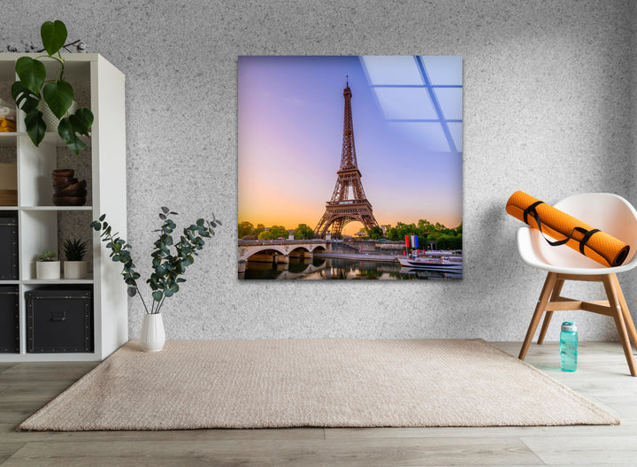 Eiffel Tower: Stunning Sunset Glow Over Iconic Paris Landmark on Glass
