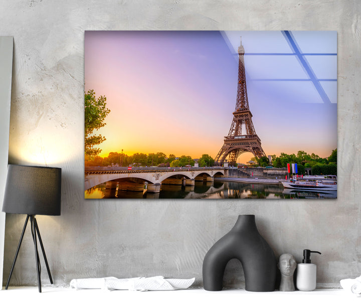 Eiffel Tower: Paris Landmark Bathed in Sunset on Glass Wall Art
