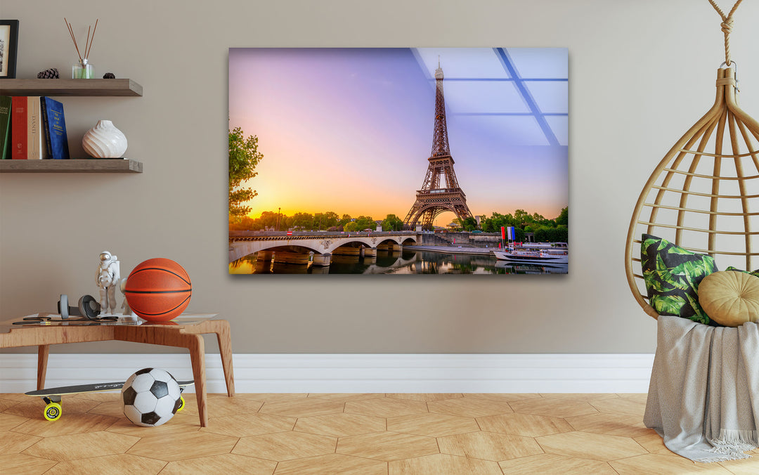 Eiffel Tower: Iconic Paris Monument at Sunset on Glass Wall Art
