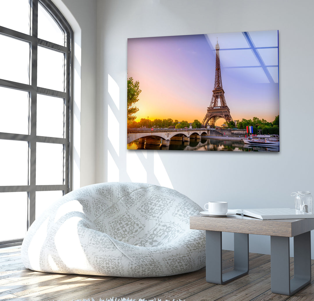 Eiffel Tower: Sunset Glow Over Parisian Landmark on Glass Wall Art
