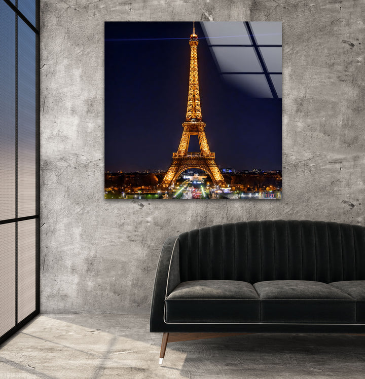 Eiffel Tower: Paris at Night with Glowing Lights on Glass Wall Art
