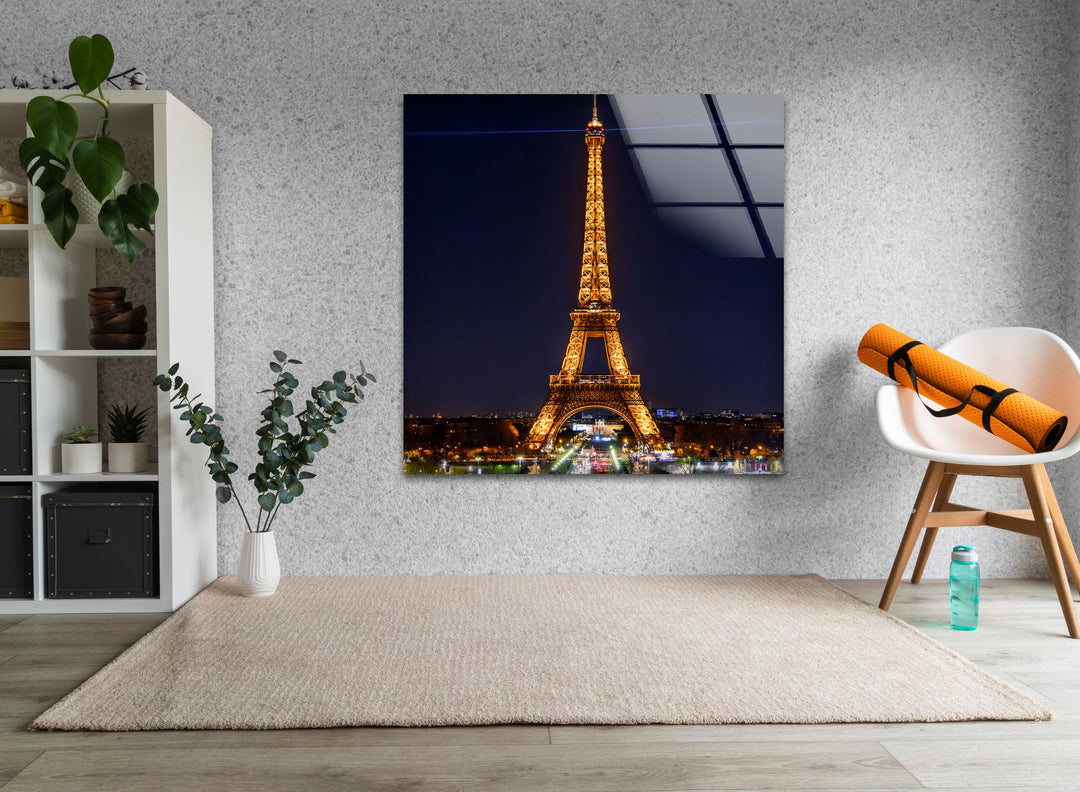 Eiffel Tower at Night: Iconic Landmark Illuminated on Glass Wall Art
