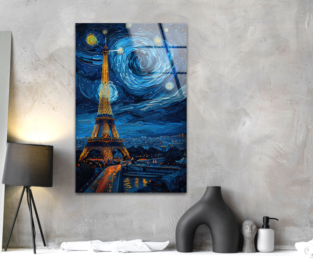 Eiffel Tower and Paris Vincent van Gogh  Decorative Glass Wall Art | Custom Glass Pictures