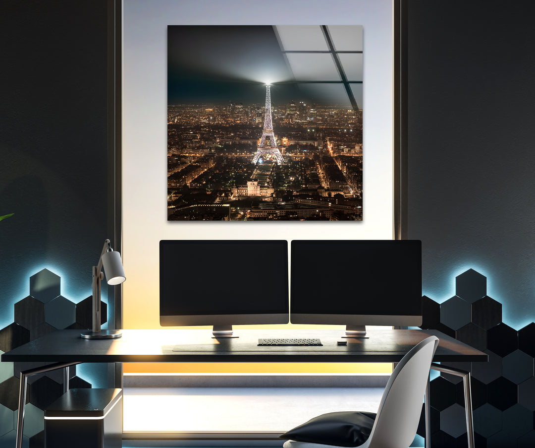 Eiffel Tower at Night: Paris Landmark Illuminated on Glass Wall Art
