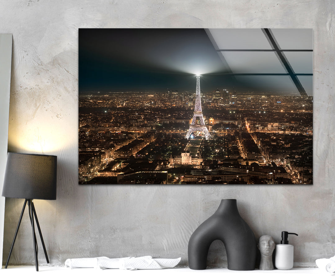 Eiffel Tower: Romantic Paris Skyline Lit Up at Night on Glass
