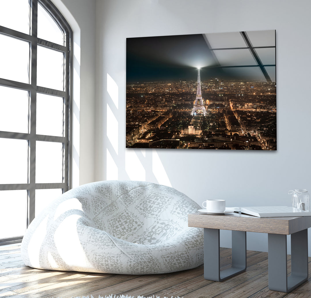 Eiffel Tower: Paris Lights Glowing at Night on Glass Wall Art
