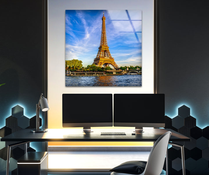 Eiffel Tower: Majestic Parisian Landmark at Dusk on Glass Wall Art
