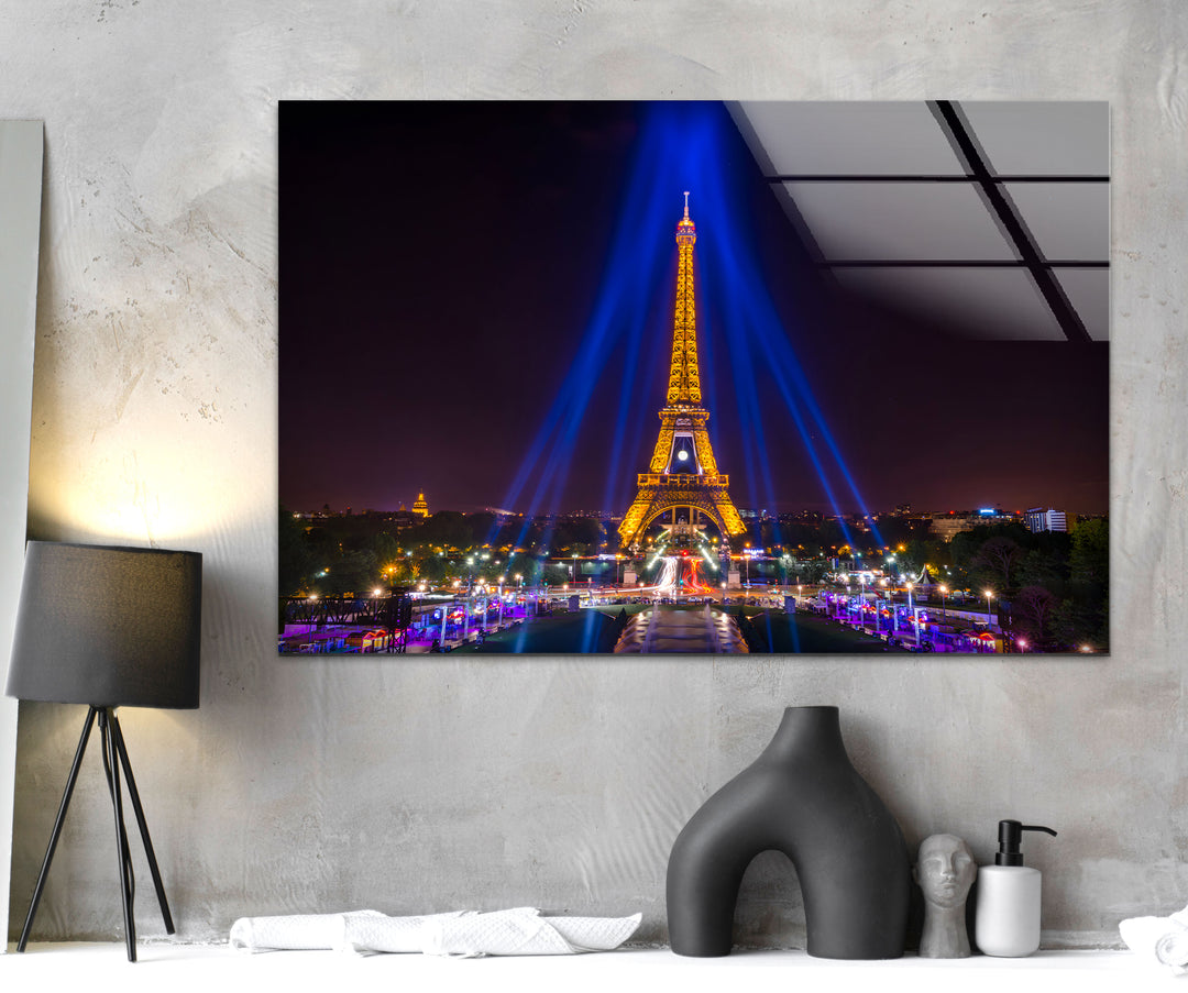 Eiffel Tower at Night: Illuminated Landmark on Glass Wall Art
