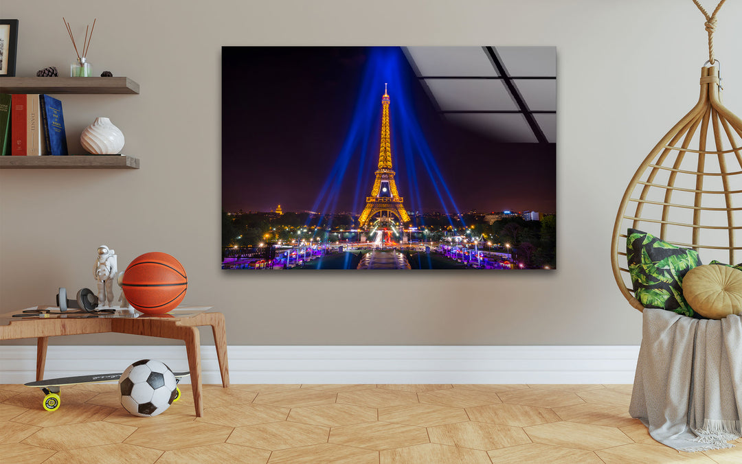 Eiffel Tower: Parisian Icon Lit Up at Night on Glass Wall Art
