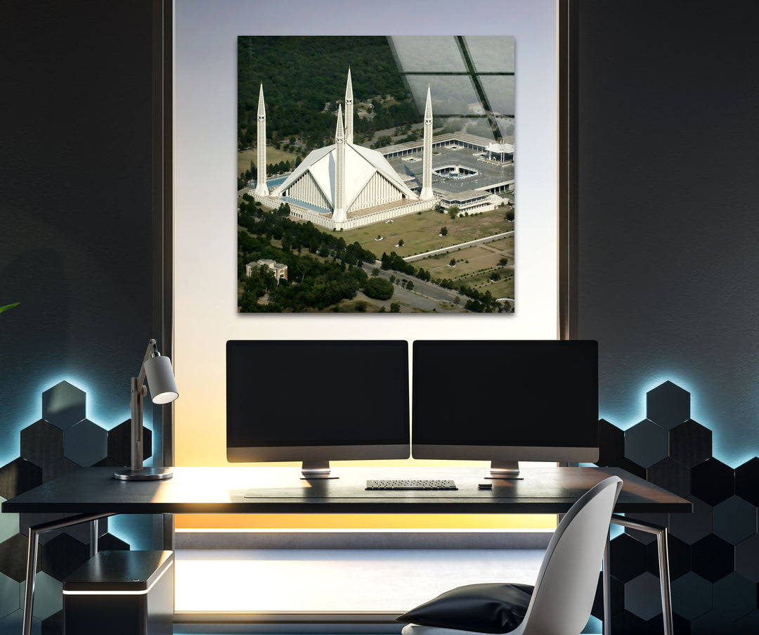 Faisal Mosque: Aerial View of Iconic Landmark on Glass Wall Art
