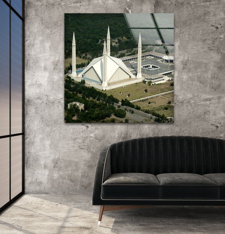 Faisal Mosque: Elegant Aerial View of Architectural Masterpiece on Glass
