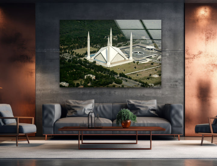 Faisal Mosque: Majestic Landmark from Above on Glass Wall Art
