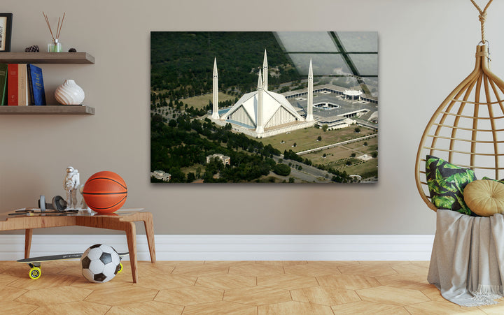 Faisal Mosque: Beautiful Aerial Perspective of Landmark on Glass
