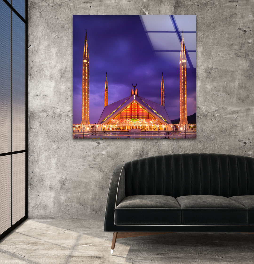 Faisal Mosque: Illuminated Iconic Landmark on Glass Wall Art
