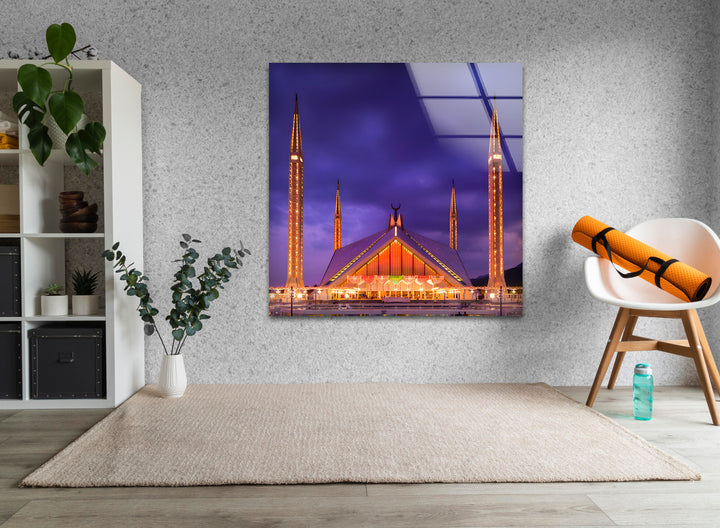 Faisal Mosque: Iconic Landmark Captured at Night on Glass Wall Art
