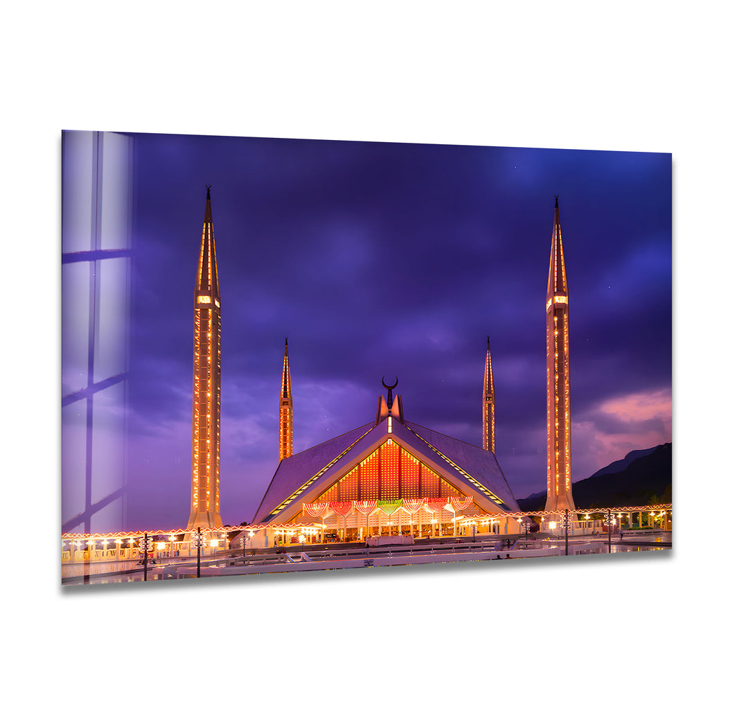 Faisal Mosque: Iconic Landmark at Night on Glass Wall Art
