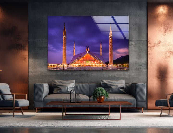 Faisal Mosque: Nighttime Elegance Captured on Glass Wall Art
