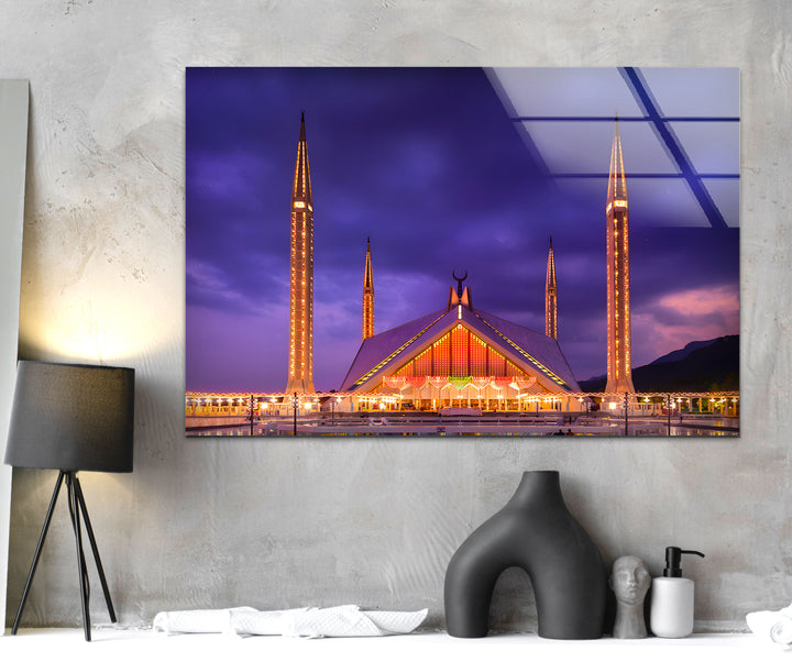 Faisal Mosque: Iconic Landmark at Night on Glass Wall Art
