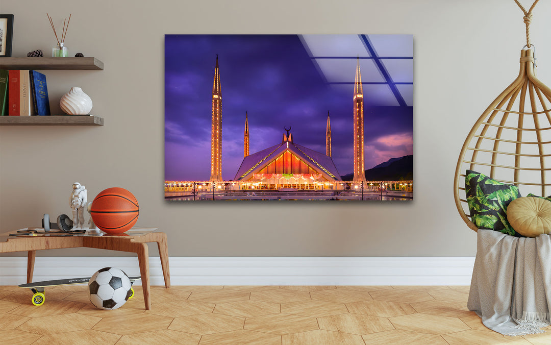 Faisal Mosque: Majestic Night View on Glass Wall Art
