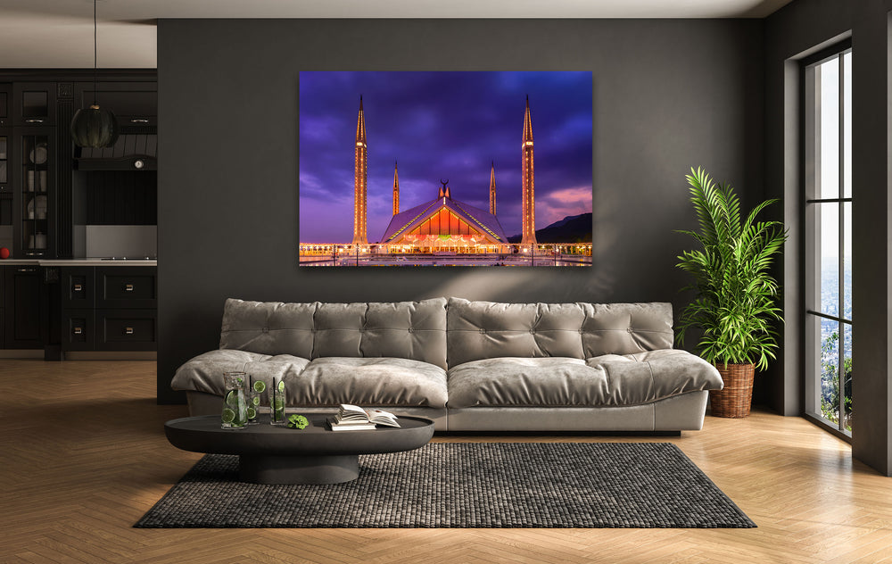 Faisal Mosque: Majestic Night View on Glass Wall Art
