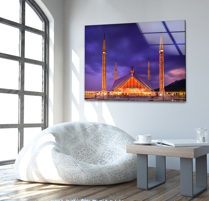 Faisal Mosque: Stunning Architecture Illuminated at Night on Glass Wall Art
