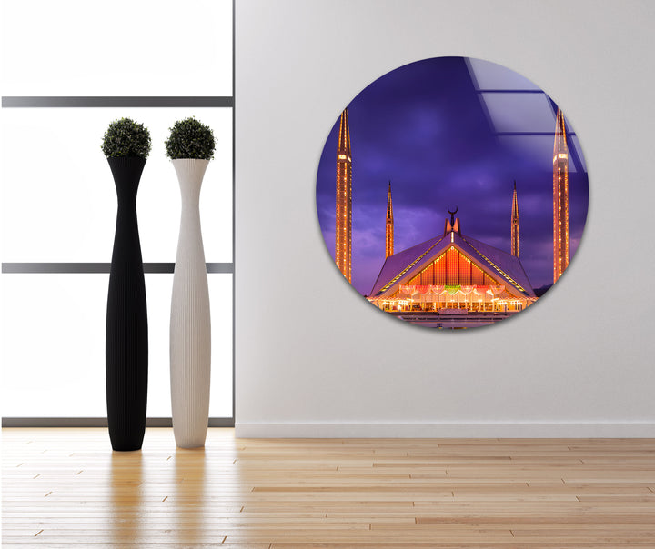 Faisal Mosque: Gorgeous Mosque Architecture at Night on Glass Wall Art
