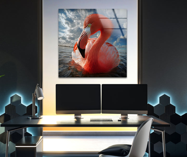 Flamingo on Water Glass Wall Art glass pictures for Wall, glass prints wall art