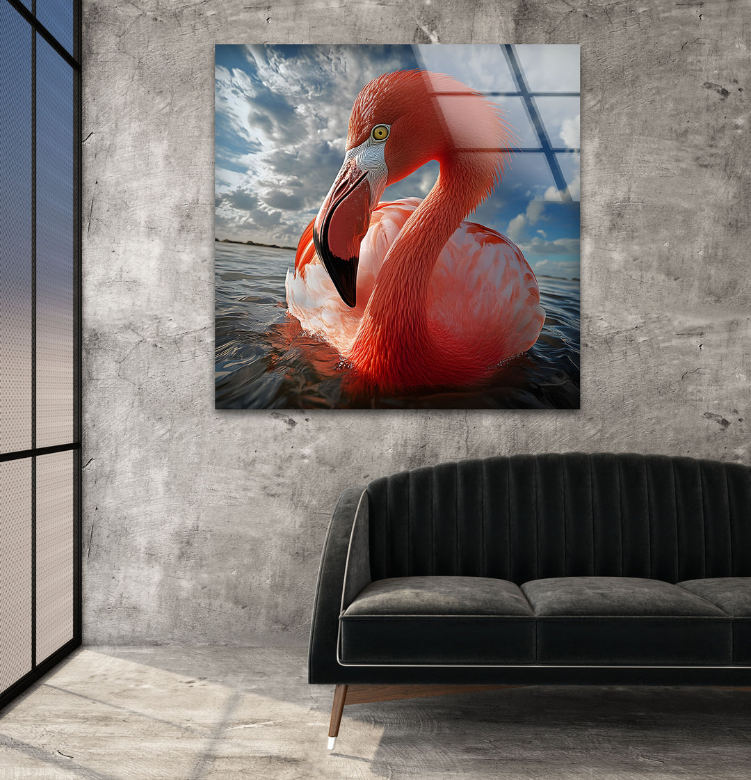 Flamingo on Water Glass Wall Art photo print on glass, prints on glass wall art