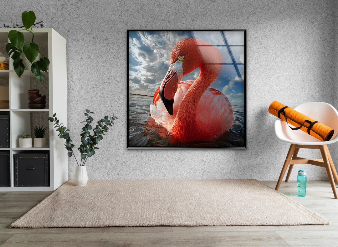 Flamingo on Water Glass Wall Art custom glass pictures, glass art prints