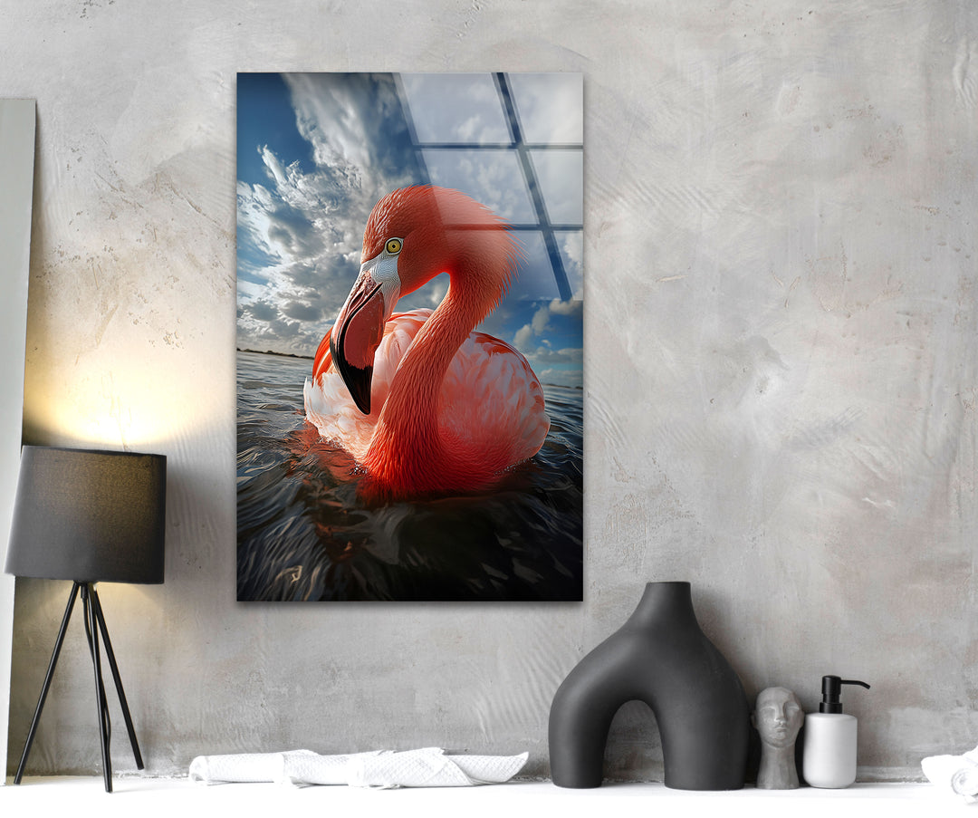 Flamingo on Water Glass Wall Art glass image printing, glass prints from photos