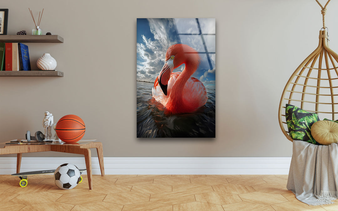 Flamingo on Water Glass Wall Art glass pictures for Wall, glass prints wall art