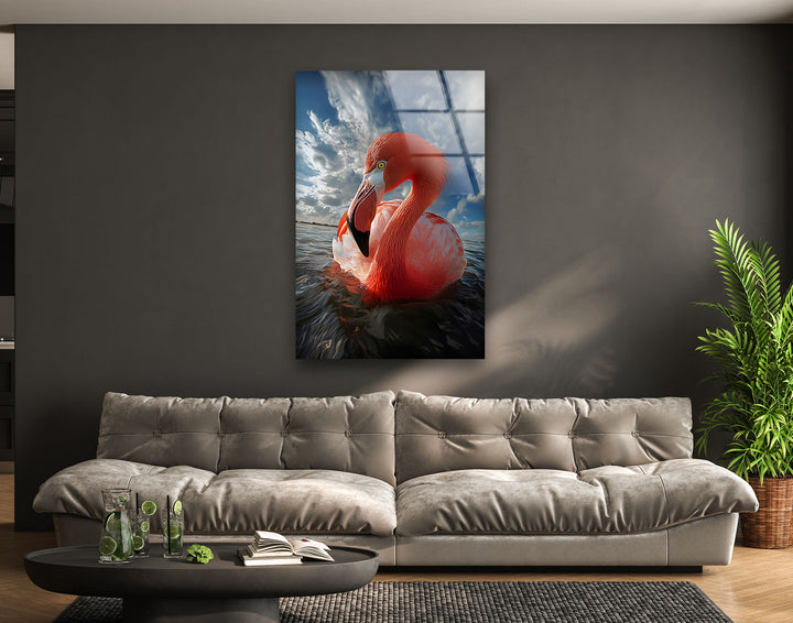 Flamingo on Water Glass Wall Art picture on glass wall art, photos printed on glass