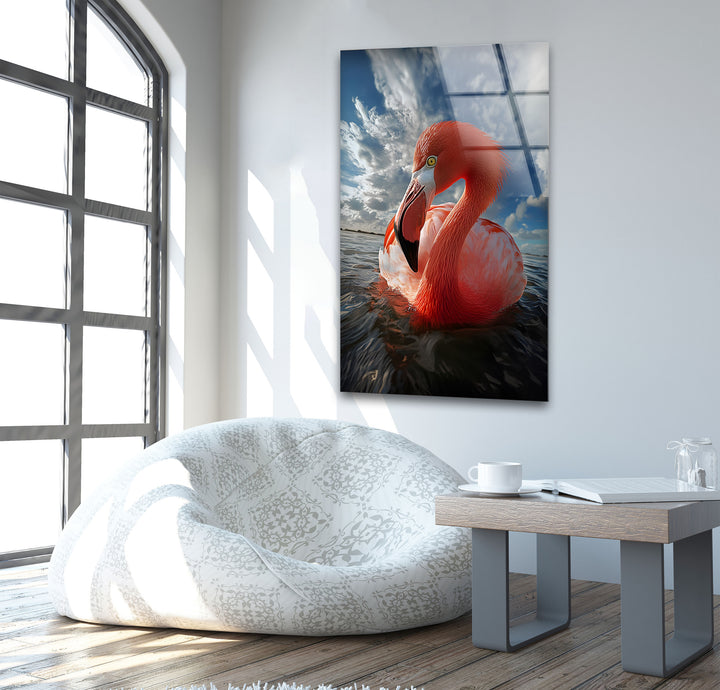 Flamingo on Water Glass Wall Art custom glass photo prints, large glass prints