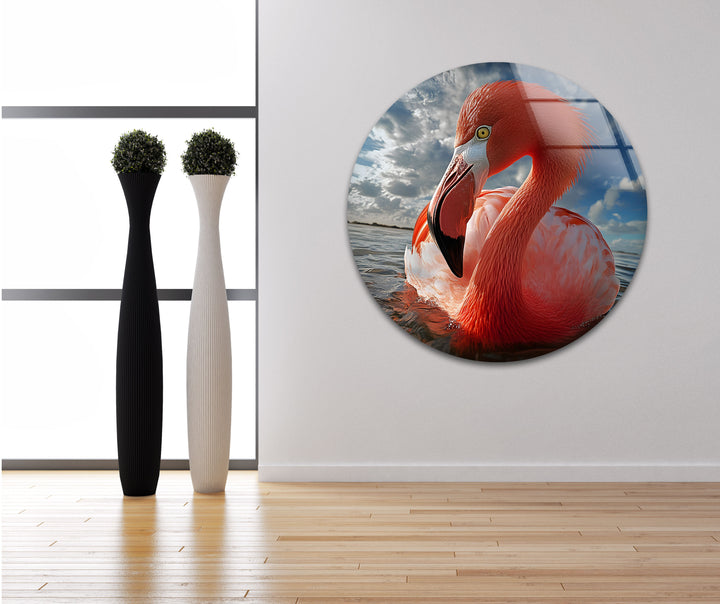 Flamingo on Water Glass Wall Art large glass photo prints, glass wall photos