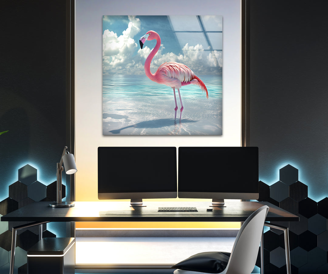 Pink Flamingo On Blue Ocean Glass Wall Art glass art painting, glass art for the Wall
