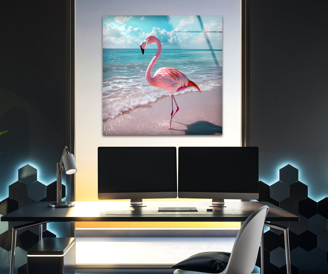 Flamingo on Beach Glass Wall Art glass photo prints, glass picture prints
