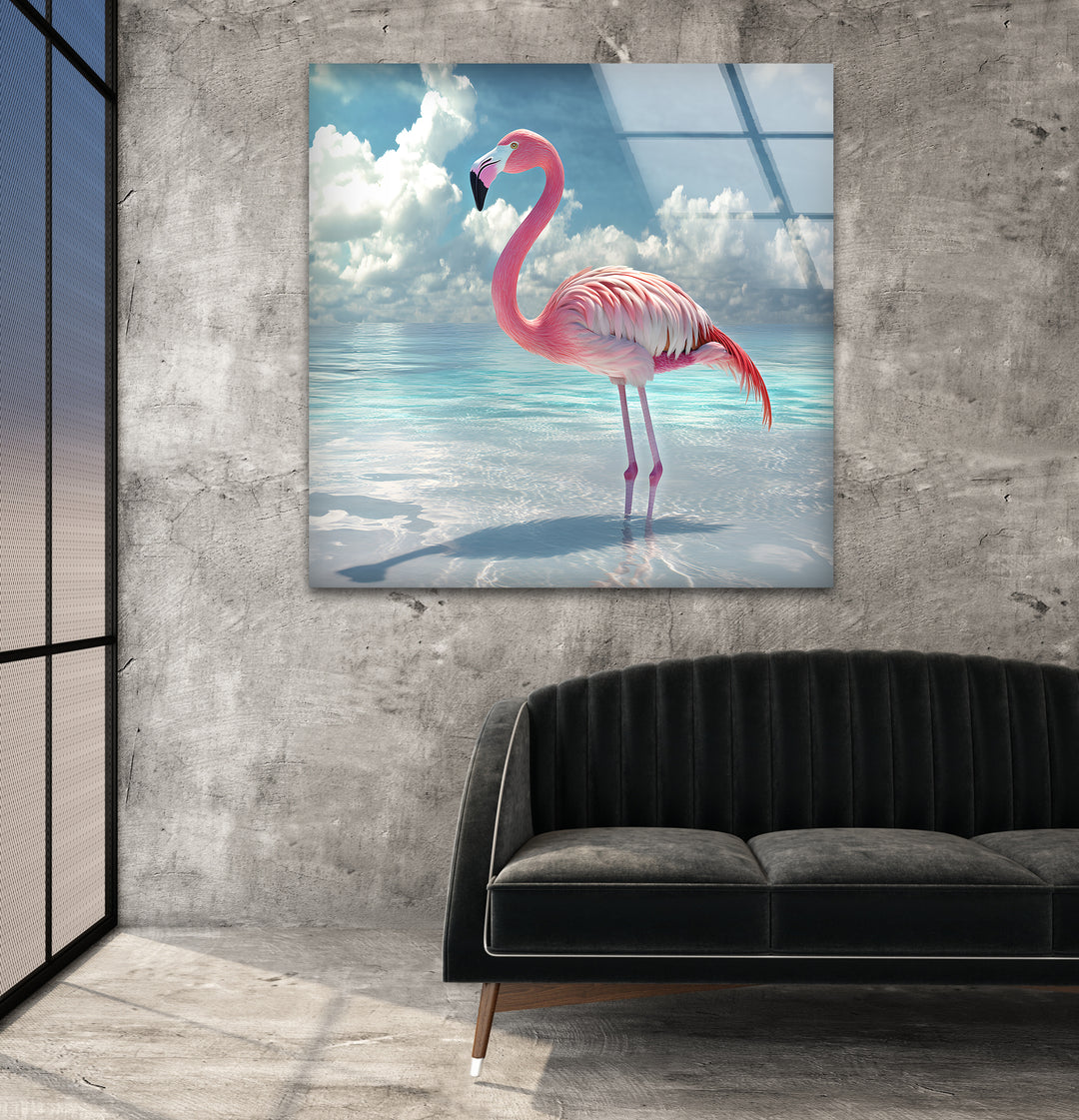 Pink Flamingo On Blue Ocean Glass Wall Art glass wall decor, glass wall art decor
