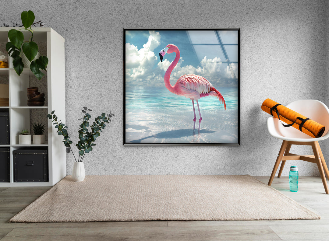 Pink Flamingo On Blue Ocean Glass Wall Art stained glass wall art, stained glass wall decor
