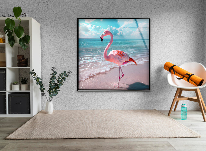 Flamingo on Beach Glass Wall Art Glass Printing Wall Art, Print photos on glass
