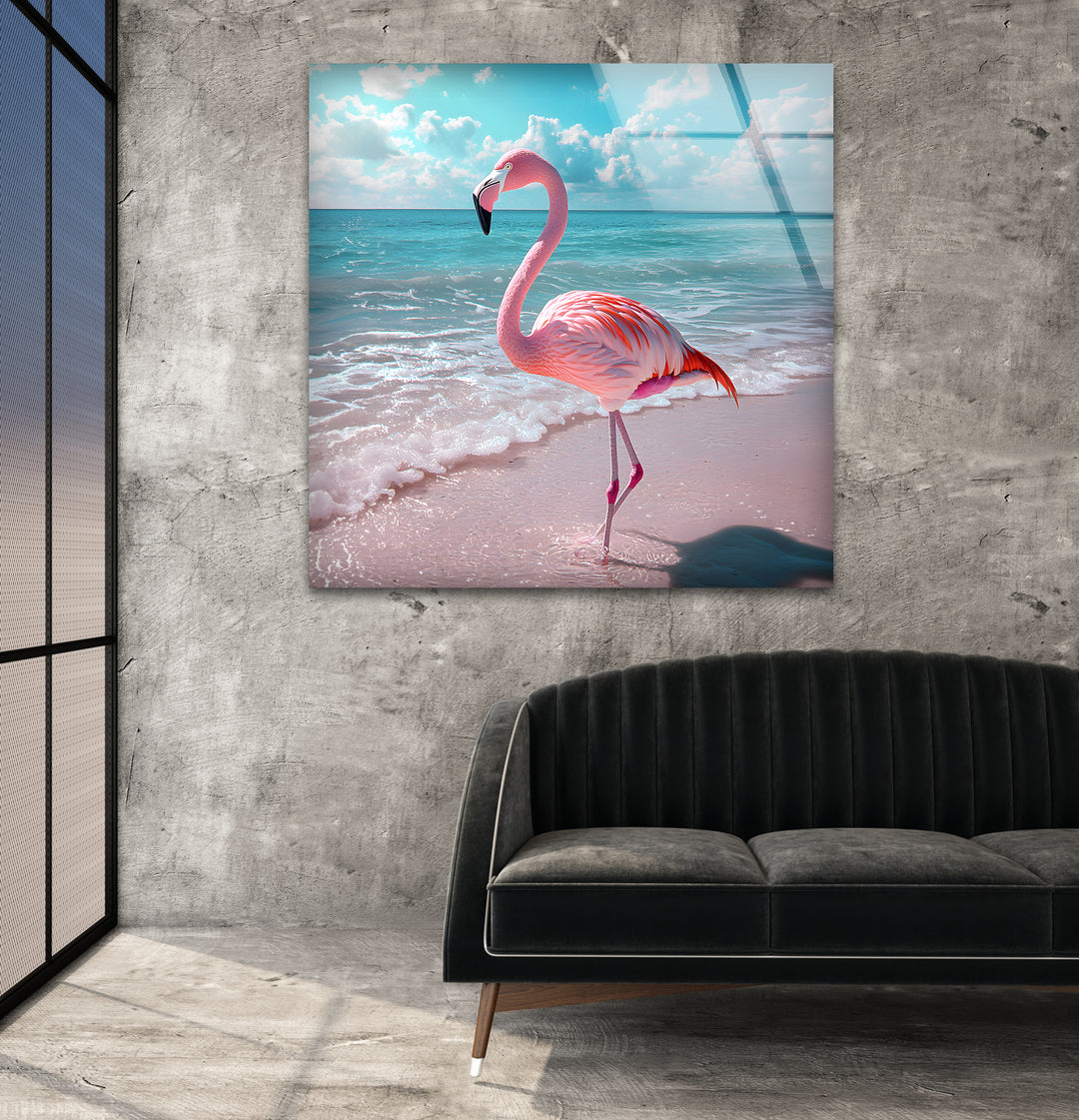 Flamingo on Beach Glass Wall Art glass pictures for Wall, glass prints wall art
