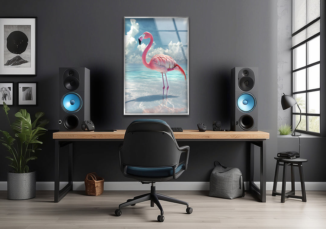 Pink Flamingo On Blue Ocean Glass Wall Art