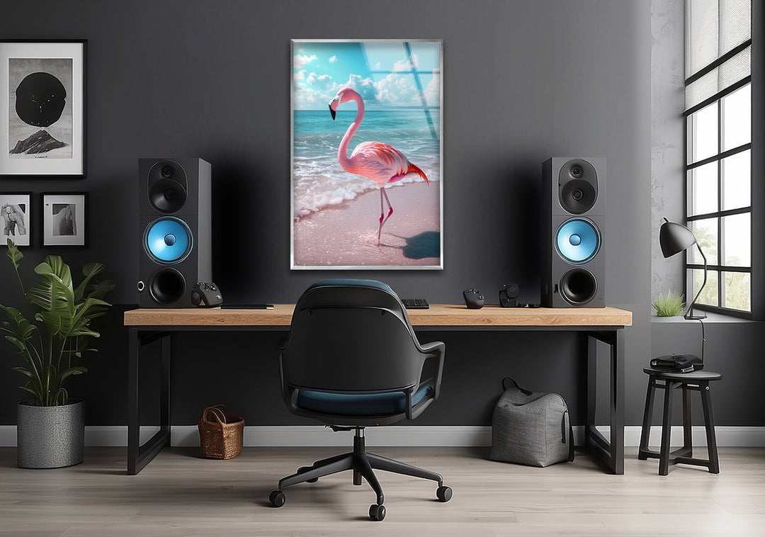 Flamingo on Beach Glass Wall Art custom glass pictures, glass art prints
