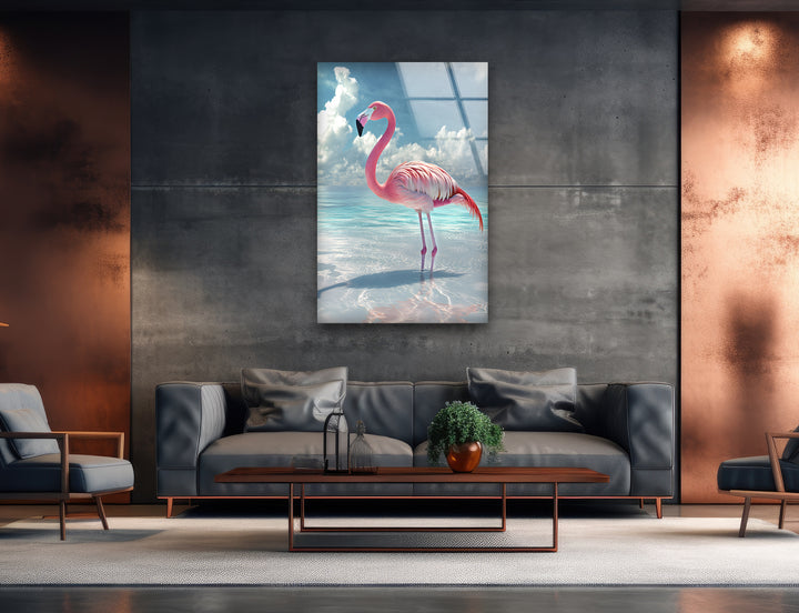 Pink Flamingo On Blue Ocean Glass Wall Art art glass wall art, glass wall art pictures
