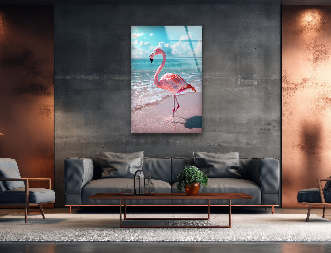 Flamingo on Beach Glass Wall Art photo print on glass, prints on glass wall art
