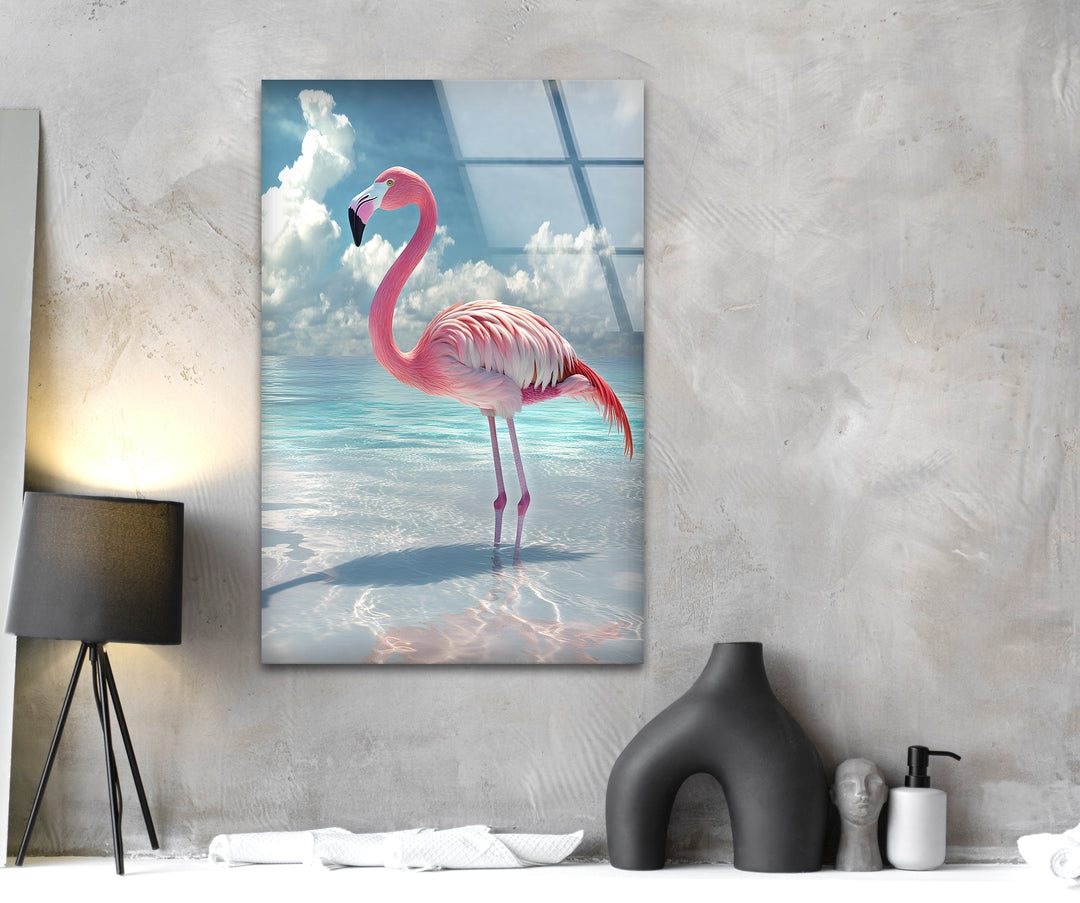 Pink Flamingo On Blue Ocean Glass Wall Art